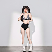 少年齐原创 挂脖高腰复古比基尼性感超显腿长撞色ins欧美女游泳衣