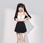 少年齐原创 性感辣妹高颜值女孩黑白显瘦两件复古游泳衣 2023新款