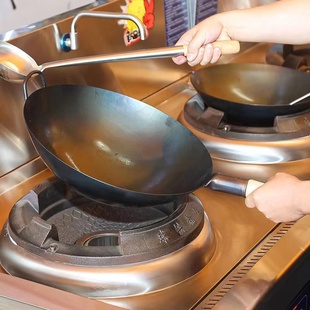 商用炒锅单柄带把老式熟铁锅厨师酒店饭店专用炒菜炒粉铁锅手马勺