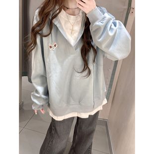 可爱风小狗刺绣假两件连帽薄款卫衣女大童秋季宽松初中生小众上衣