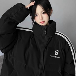 黑色三条杠立领羽绒棉服女大童冬初中高中学生加厚面包服棉衣外套
