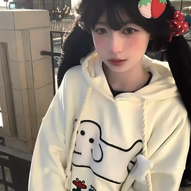 美式卡通刺绣小狗公仔连帽卫衣15少女秋冬款初中高中学生外套上衣