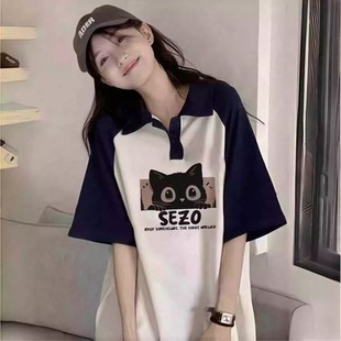 美式插肩学院风polo衫短袖t恤女夏季初中高中学生宽松拼接上衣