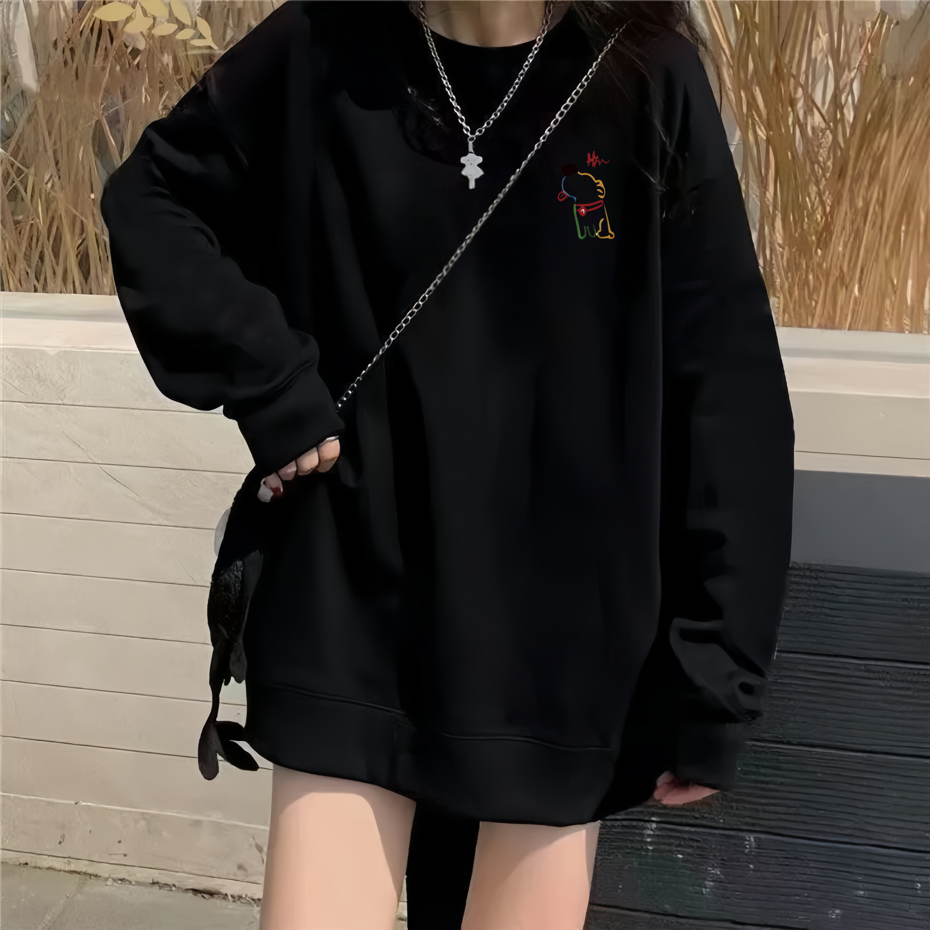 黑色纯棉圆领卫衣女大童初中高中学生加绒加厚慵懒风百搭宽松上衣