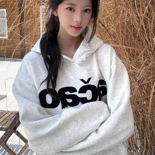 潮牌刺绣字母连帽卫衣女大童秋冬初中高中学生小个子宽松帽衫上衣