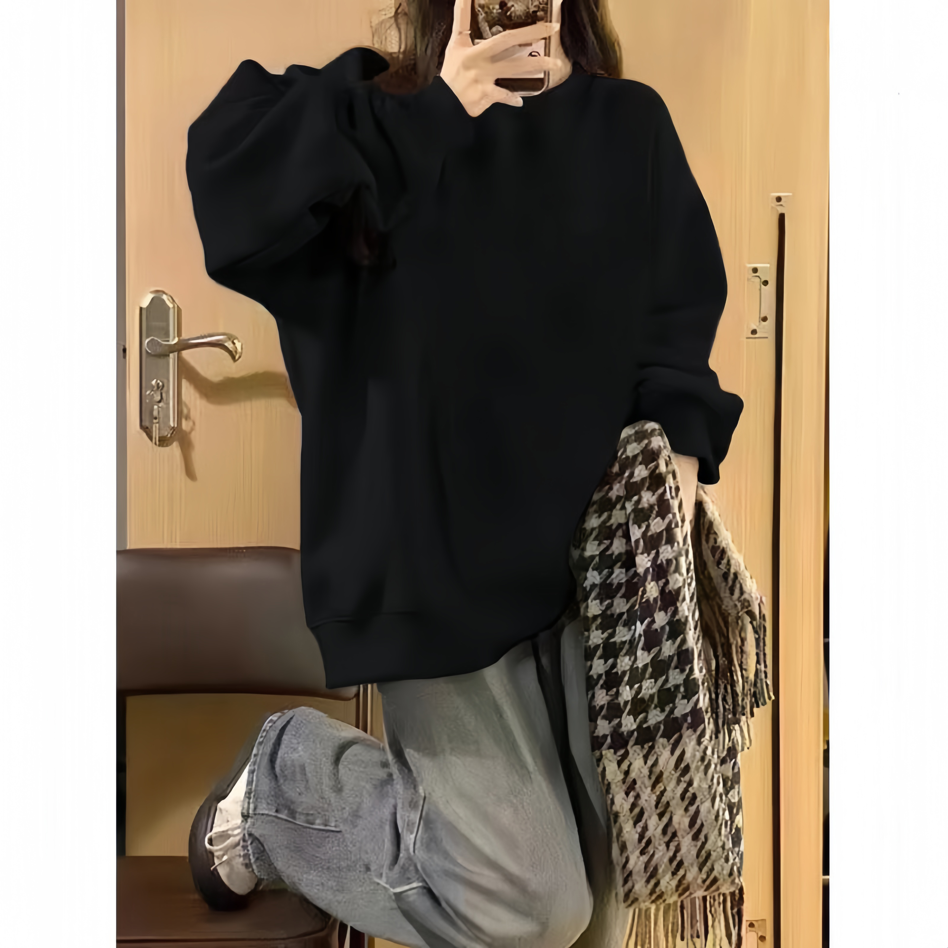 长袖初中生卫衣少女大童秋冬季初中高中学生无帽宽松纯色套头上衣