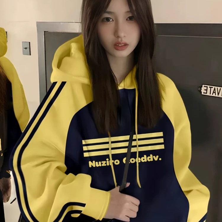 拼色三条杠连帽卫衣少女大童春秋