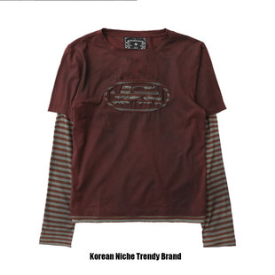 badblood韩国复古条纹拼接假两件长袖T恤女休闲百搭街头潮流上衣