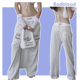 Badblood秋冬季 字母印花宽松休闲阔腿裤 薄卫裤 运动复古辣妹阔腿裤