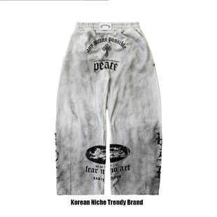 badblood美式街头复古脏染做旧弯刀卫裤宽松休闲运动辣妹阔腿裤女