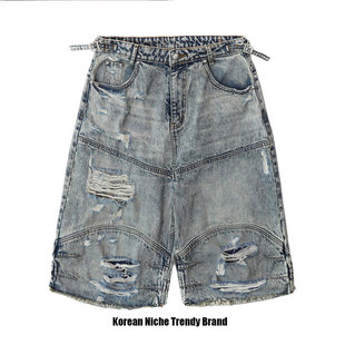 badblood美式复古韩国小众设计感破洞牛仔短裤宽松休闲五分裤女