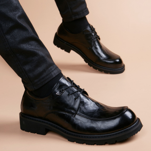 皮鞋男春季商务正装真皮圆头软底英伦风潮流休闲厚底头层牛皮男鞋