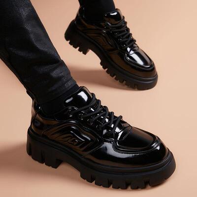 休闲皮鞋男2026春季新款亮面厚底增高德比鞋英伦真皮运动风男鞋子