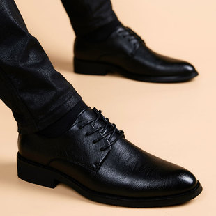 冬季尖头皮鞋男韩版软皮休闲鞋内增高软底男鞋子黑色英伦商务正装