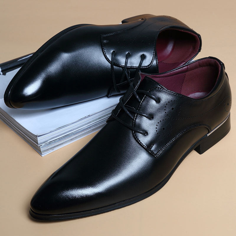 男士皮鞋男韩版青年潮流软皮透气配西装英伦风商务正装真皮内增高