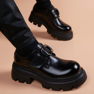 休闲皮鞋男一脚蹬男士冬季真皮透气厚底内增高德比鞋搭扣潮流男鞋
