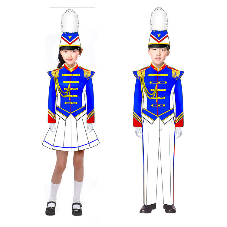 北京秋季运动会鼓号队演出服蓝色男女学生鼓号服行进管乐队服装