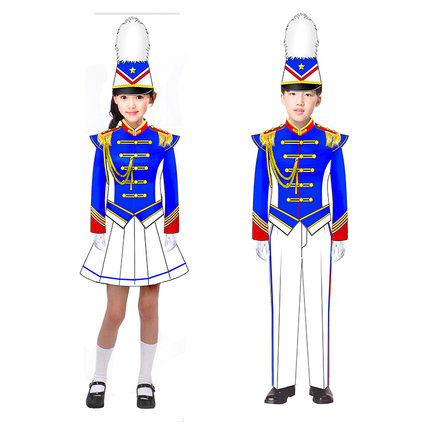 北京秋季运动会鼓号队演出服蓝色男女学生鼓号服行进管乐队服装