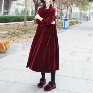 胖mm金丝绒连衣裙女2023冬宽松休闲过膝洋气优雅大码 卫衣孕妇长裙