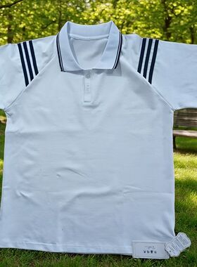 中小学生校服短袖白色T恤袖上三条杠翻领薄款高中生运动上衣夏季