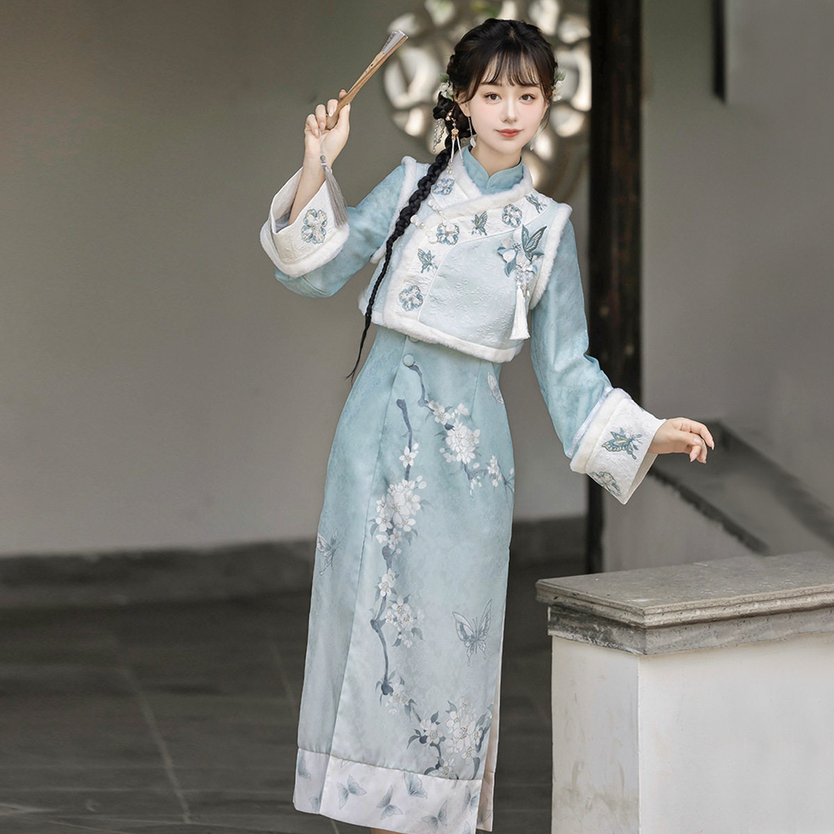 梨花语原创新中式民国风日常刺绣马甲改良暗纹长袖旗袍春秋季套装