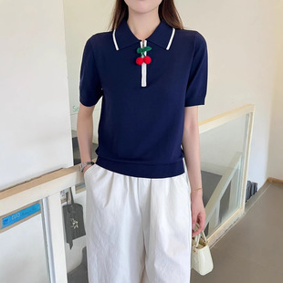 针织衫 高定V家25夏季 女时髦洋气短袖 新款 樱桃链缀拉链翻领polo衫