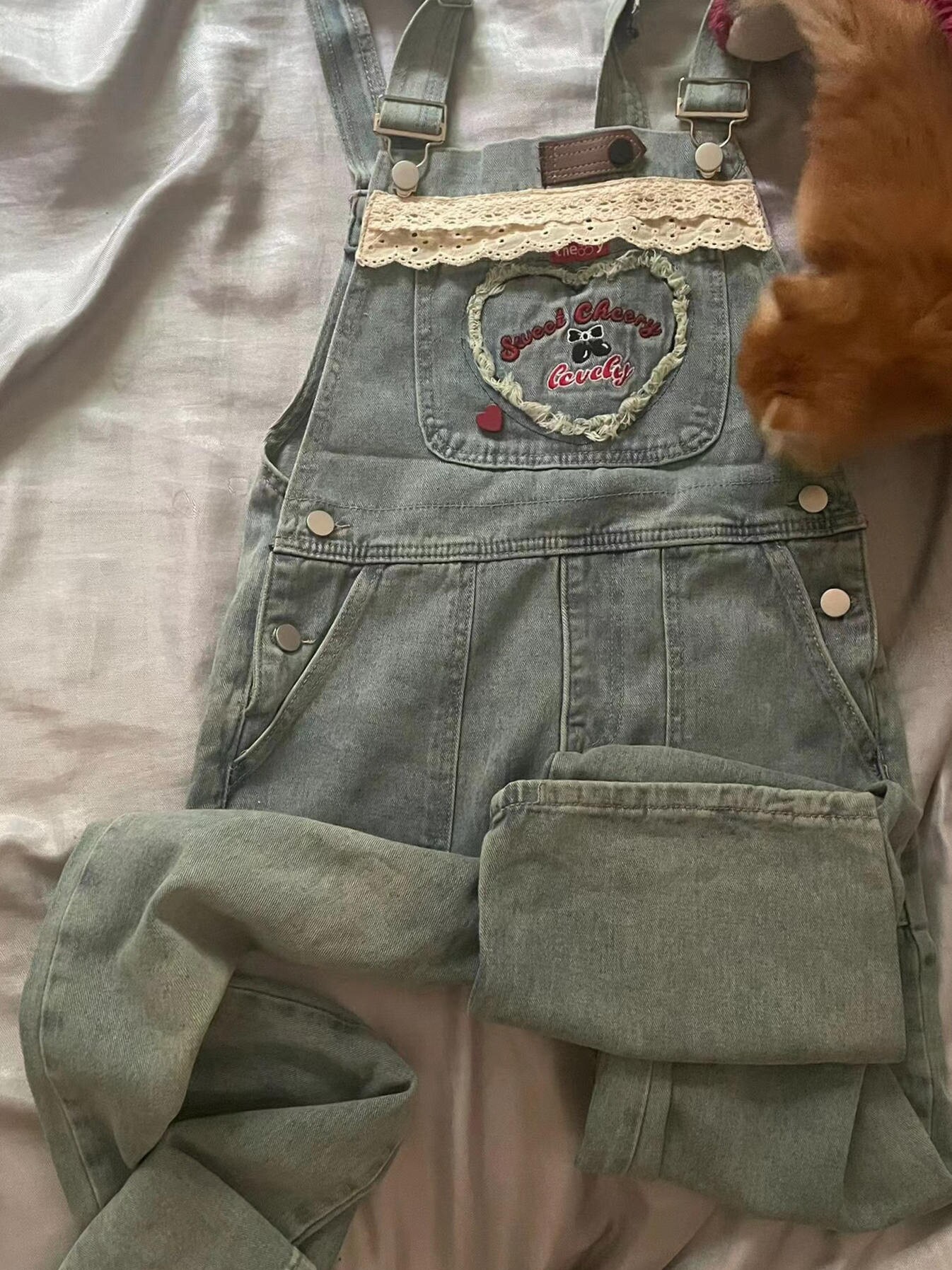 CHERRY TENNA DENIM SUSPENDERS WOMENS SUMMER KOREAN VERSION LOOSE CUTE STUDENT AGE REDUCTION SMALL STRAIGHT JUMPSUIT