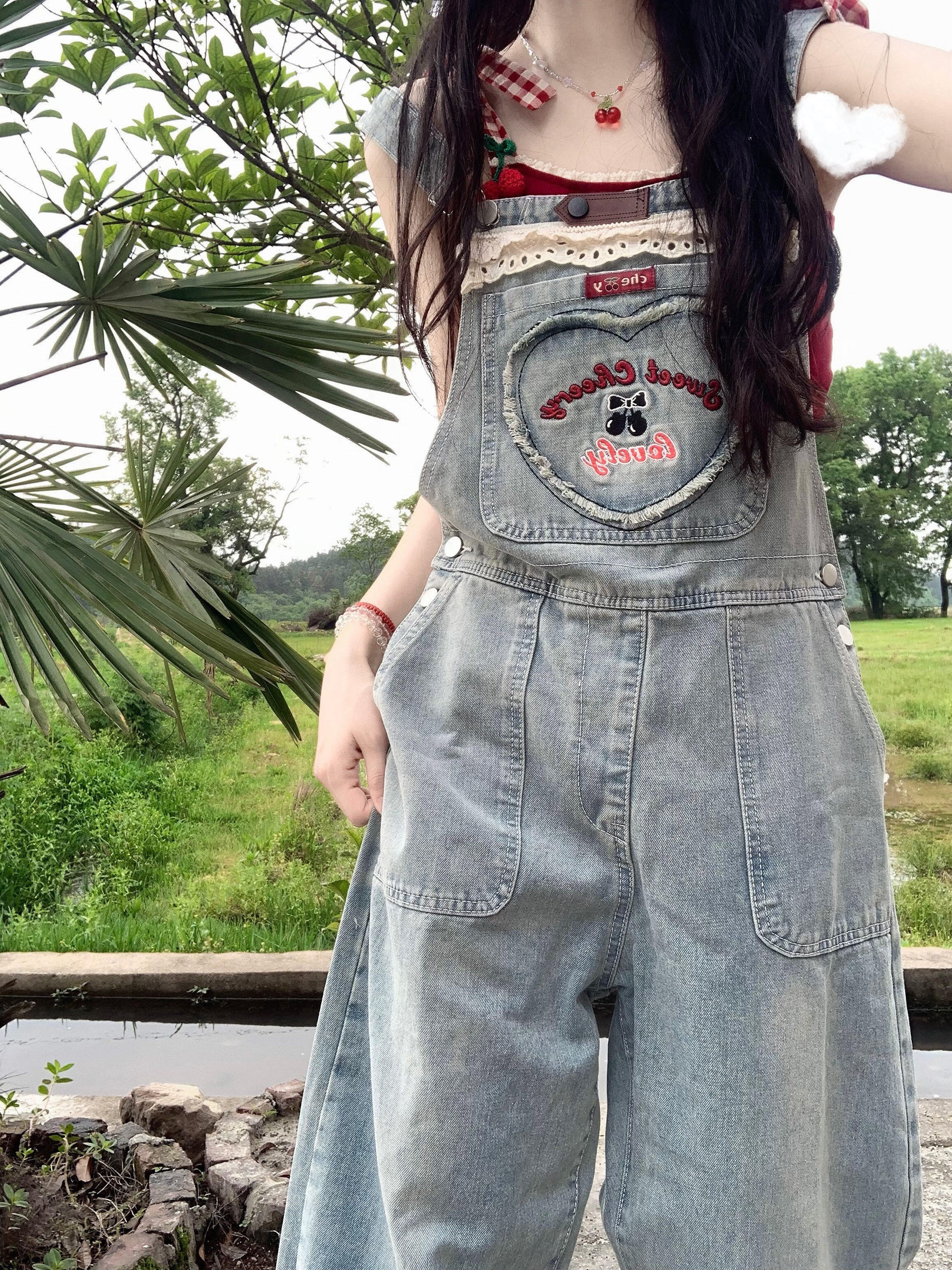 CHERRY TENNA DENIM SUSPENDERS WOMENS SUMMER KOREAN VERSION LOOSE CUTE STUDENT AGE REDUCTION SMALL STRAIGHT JUMPSUIT