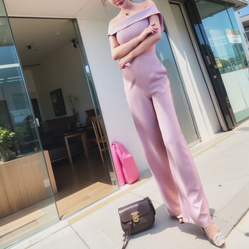 气质甜美优雅名媛连衣裤薄款2023通勤长款粉色一字肩连体裤女2023