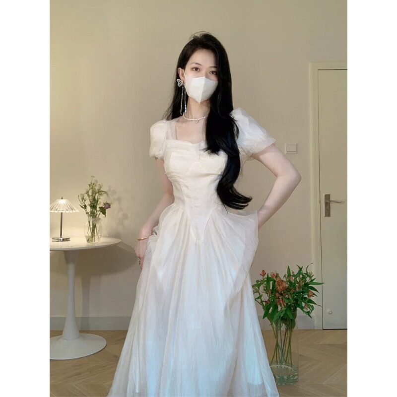 领证登记小白裙法式订婚生日party小礼裙平时可穿白色方领连衣裙