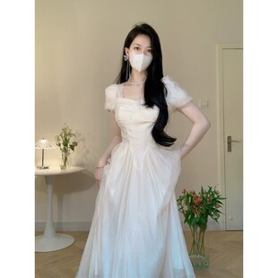 领证登记小白裙法式订婚生日party小礼裙平时可穿白色方领连衣裙