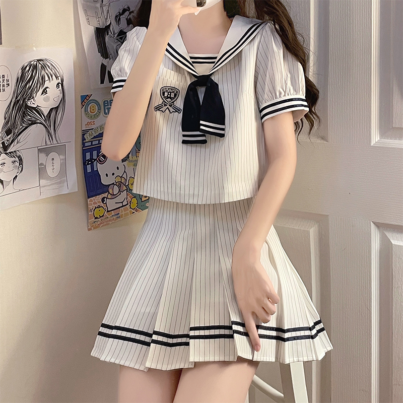 JK制服套装裙子少女生夏装2023新款初中高中学生海军领百褶连衣裙