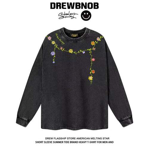 Drew潮牌花卉纯棉长袖情侣T恤