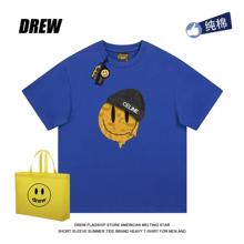 drew笑脸夏季新款黑帽子3D立体印花美式复古街头男女纯棉休闲上衣
