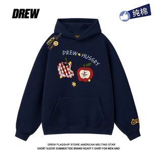 drew美式 格子苹果印花秋冬加绒连帽卫衣男女百搭宽松情侣上衣街头