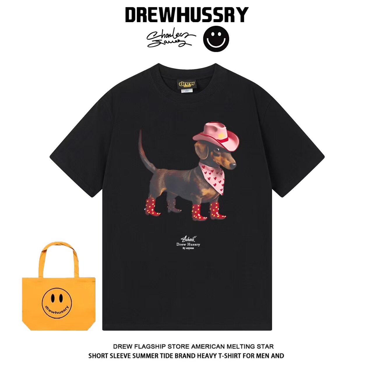 drew美式趣味卡通腊肠狗创意印花重磅圆领纯棉短袖T恤男女百搭tee