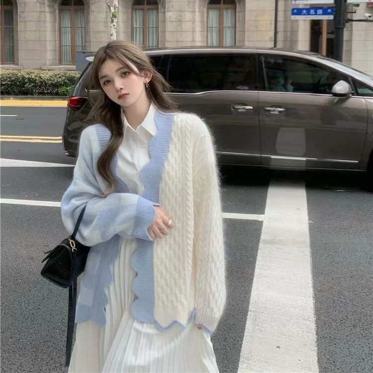 秋装甜美风长袖针织开衫上衣韩版超好看中长款麻花撞色女毛衣外套