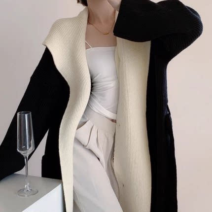 秋冬休闲连帽开衫针织毛衣女中长款宽松慵懒高级感系带外套两件套