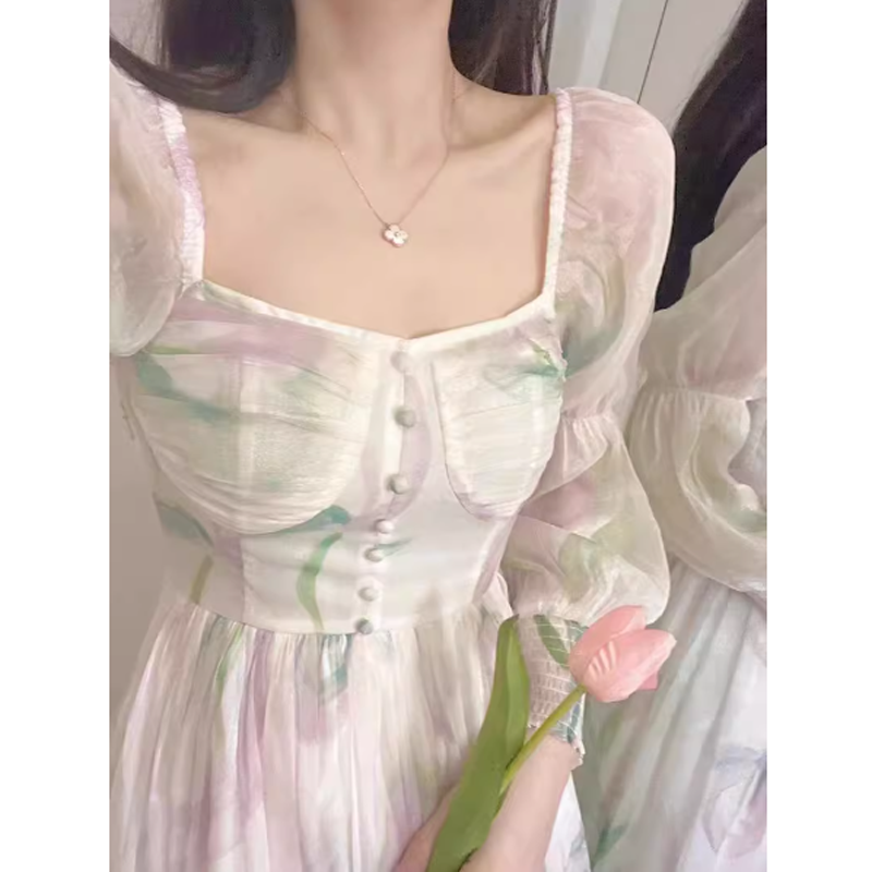 春秋碎花雪纺方领泡泡袖连衣裙女高级感长款收腰仙气超仙森系裙子