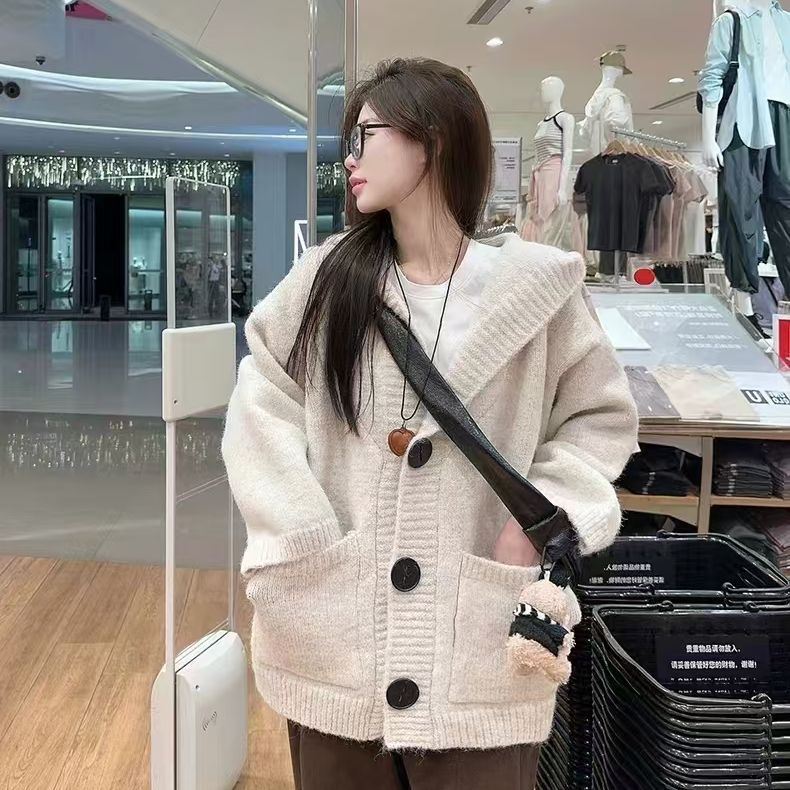 松弛感保暖宽松针织衫上衣韩版高级感超好看加厚软糯连帽毛衣外套