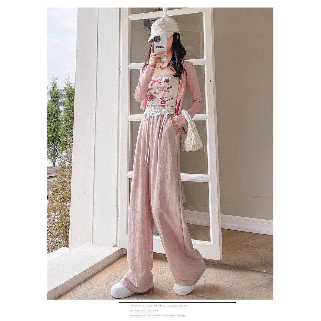 2026春季减龄蕾丝拼接设计阔腿裤韩版高级感垂感高腰松弛女休闲裤