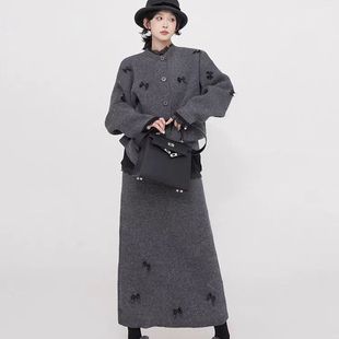 小蝴蝶结图案宽松开衫 毛衣外套A字半身长裙子两件套软糯针织套装