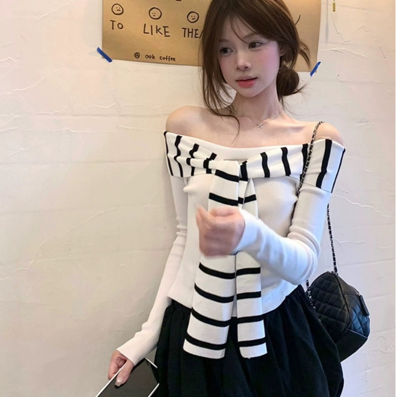 新款辣妹风条纹围巾修身针织衫上衣韩版一字肩简约设计毛衣打底衫,女装/女士精品,毛针织衫,淘宝优惠券,粉丝福利购,淘宝优惠卷
