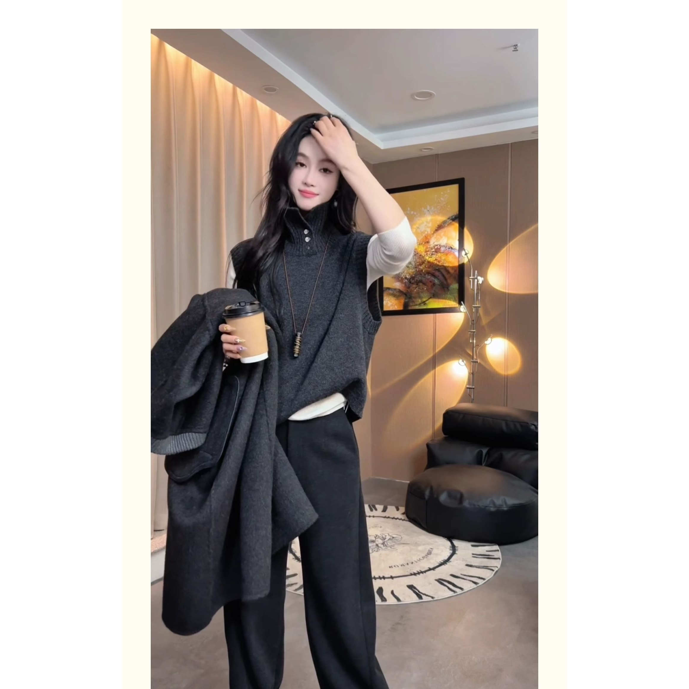 法式秋冬外穿纯色外搭毛衣背心高级感软糯半开高领针织马甲女宽松