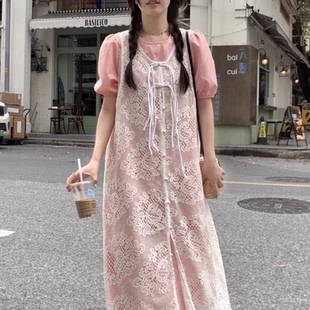 裙夏季 纽扣短袖 套装 粉色连衣裙两件套 镂空蕾丝长款 时尚 新中式 新款
