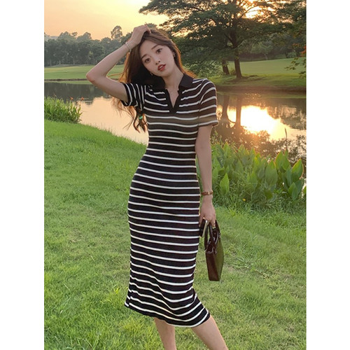 夏季辣妹风性感内搭A字打底长裙子韩版V领条纹翻领内搭包臀连衣裙