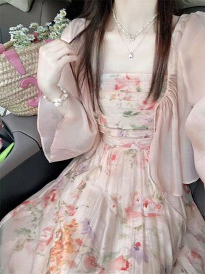 抹胸碎花裙女显瘦开衫上衣两件套