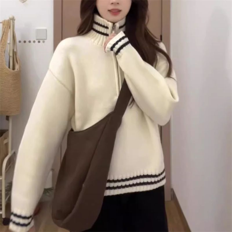 法式温柔风慵懒风半开领宽松毛衣外套超好看软糯复古女针织衫上衣