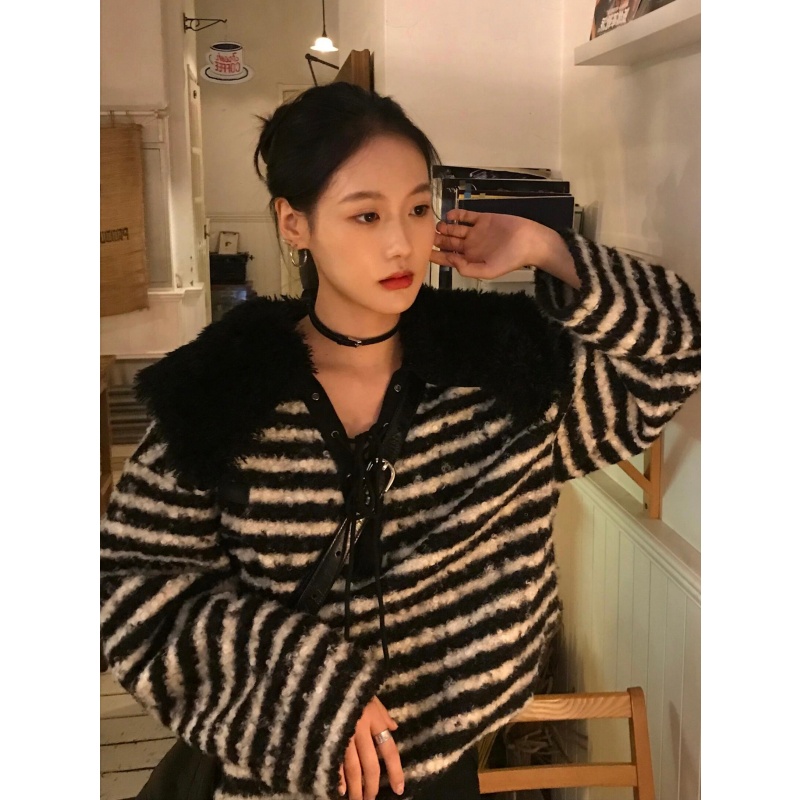 美式温柔风翻领条纹百搭针织衫上衣冬装软糯超好看甜美毛衣女外套