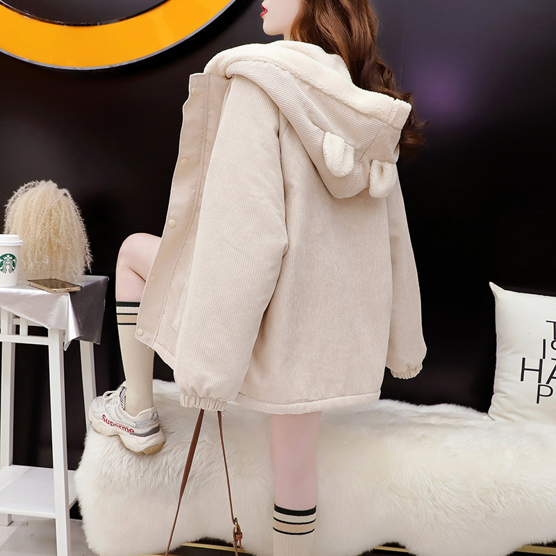 韩版设计感刺绣小熊加绒连帽开衫